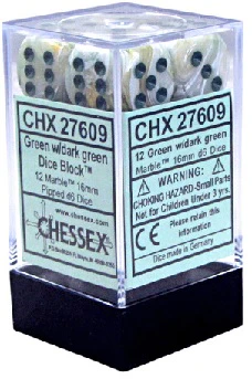 12 Green/dark Green Marble 16mm D6 Dice - CHX2609